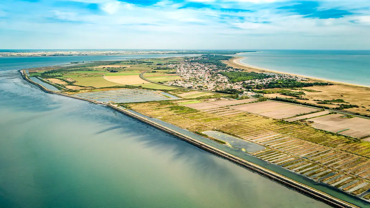 Aerial view of the Ile de Noirmoutier, France, Aug 2025.