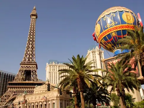 The Eiffel Tower replica at Paris Las Vegas rises above the Las Vegas Strip. (Photo by Tony  Savino/Corbis via Getty Images)