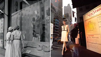 For decades, Saks made a spectacle of shopping. Above: Women window-shop along Fifth Avenue circa 1952, while the opposite image shows the store’s window displays in a more contemporary guise.