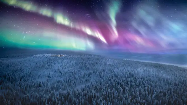 The Northern Lights over Octola 1 private wilderness in Finnish Lapland.