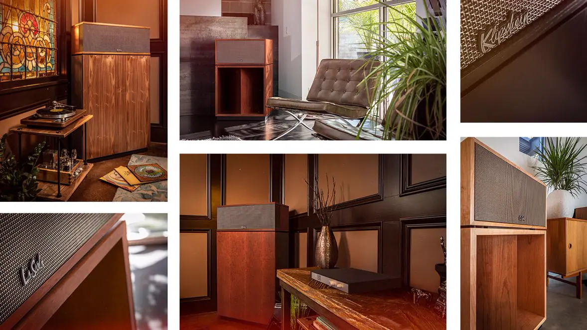 A series of photos showing Klipsch's new AK7 version of its Klipschorn loudspeaker and its La Scala AL6 louspeaker.