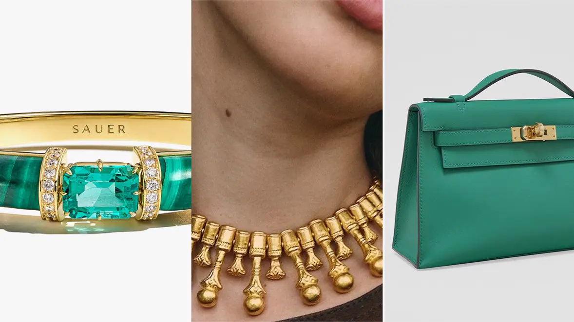 SAUER Malachite Marina Bracelet; Nakhla Gold Necklace; Jean Paul Gaultier Hermès Kelly Pochette Bag