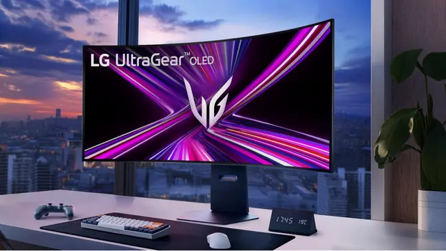 A concave computer monitor is set upon a desk with a cityscape visible through the windows beyond.