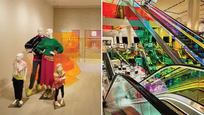 From left: At Saks, the merchandise was only part of the attraction. A family-clothing display fills its store at the American Dream mall in New Jersey; architect Rem Koolhaas’s kaleidoscopic escalators bring design drama to the Manhattan flagship.