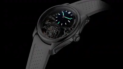 H. Moser & Cie. Pioneer Cylindrical Tourbillon Skeleton Aventurine Saquon Barkley Edition in the dark