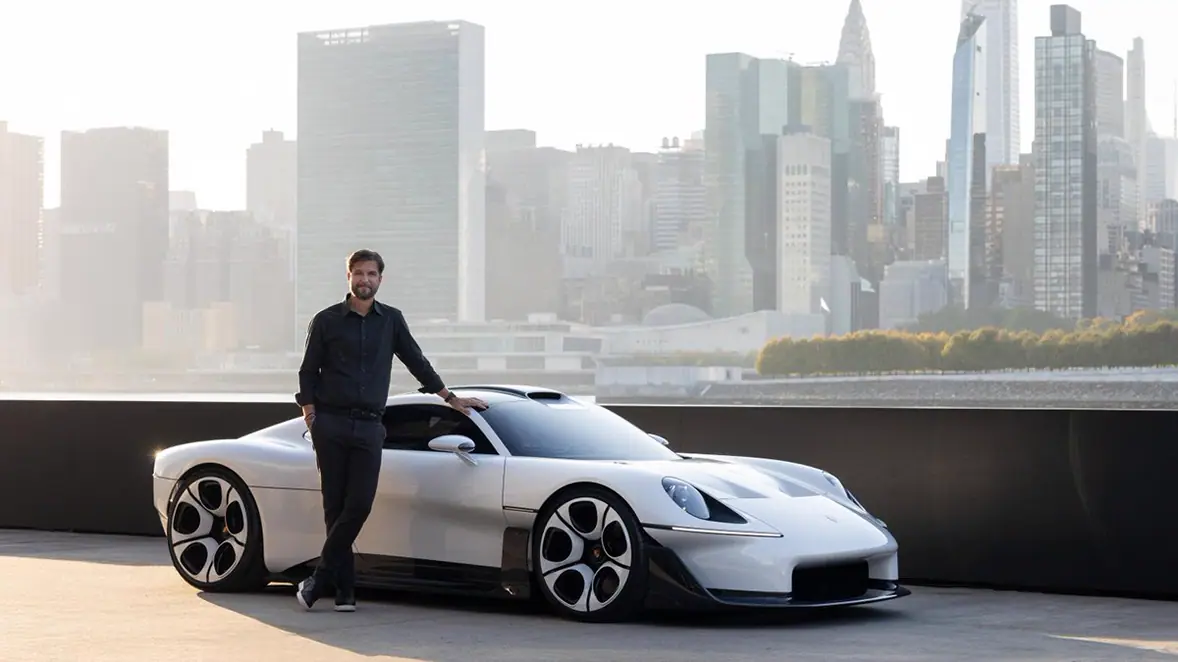Porsche's head of design, Tobias Sühlmann, and the Mission S concept in New York