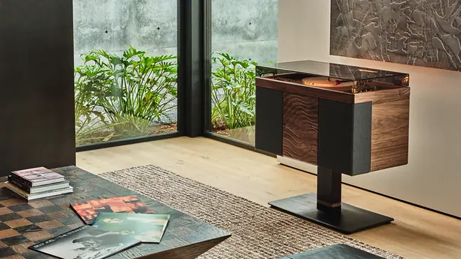The Wrensilva Studio all-in-one hi-fi system features a turntable, speakers, and record storage