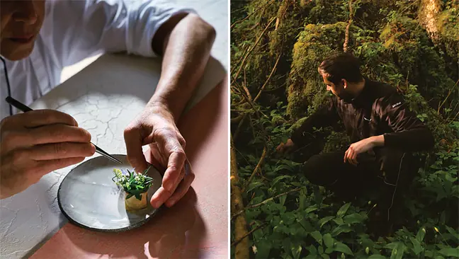 Dishes at chef Ana Roš’s Michelin-three-star restaurant Hiša Franko (left) are finished with wild herbs foraged by her colleague Miha (right).