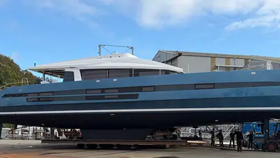 JFA Yachts Long Island 87 Catamaran leaving the yard